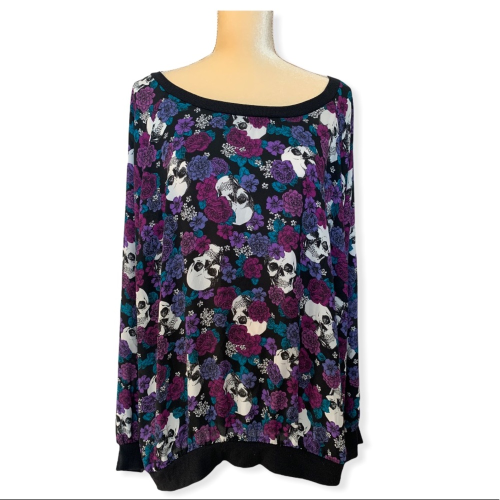 Torrid Floral and Skull Semi Sheer Chiffon Long Sleeve Top Size 3